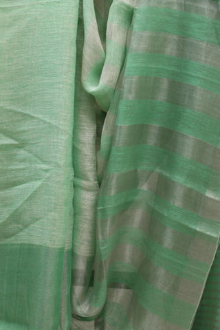 Green Plain Linen Saree With White Tassels-SRGPLS154