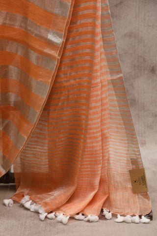 Orange Plain Linen Saree With White Tassels-SROPLS156