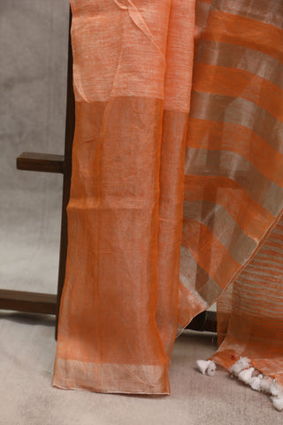 Orange Plain Linen Saree With White Tassels-SROPLS156