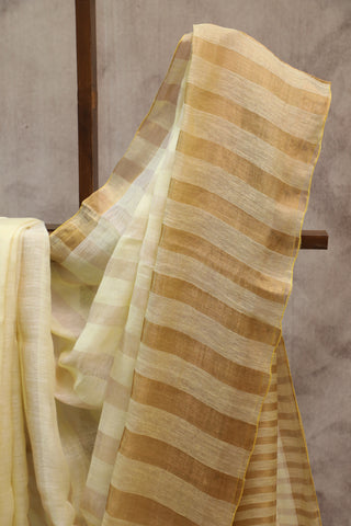 Yellow Plain Linen Saree With White Tassels-SRYPLS162