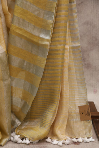 Yellow Plain Linen Saree With White Tassels-SRYPLS160