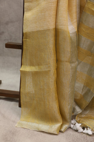 Yellow Plain Linen Saree With White Tassels-SRYPLS160