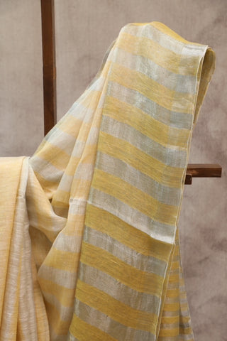 Yellow Plain Linen Saree With White Tassels-SRYPLS160