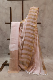 Pastel Pink Plain Linen Saree With Tassels-SRPPPLS158