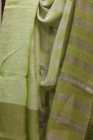 Green Plain Linen Saree With White Tassels-SRGPLS157