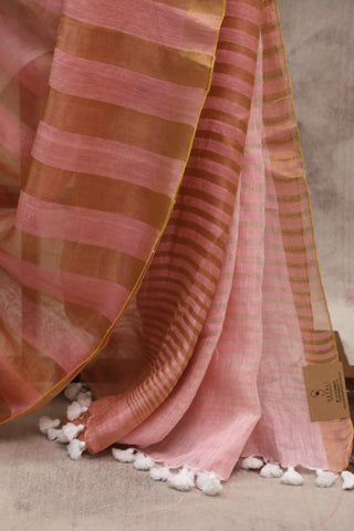 Pink Plain Linen Saree With White Tassels-SRPPLS165