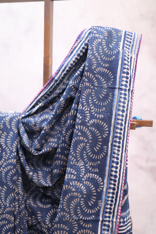 Indigo HBP Cotton Saree With Beads - SRICS196