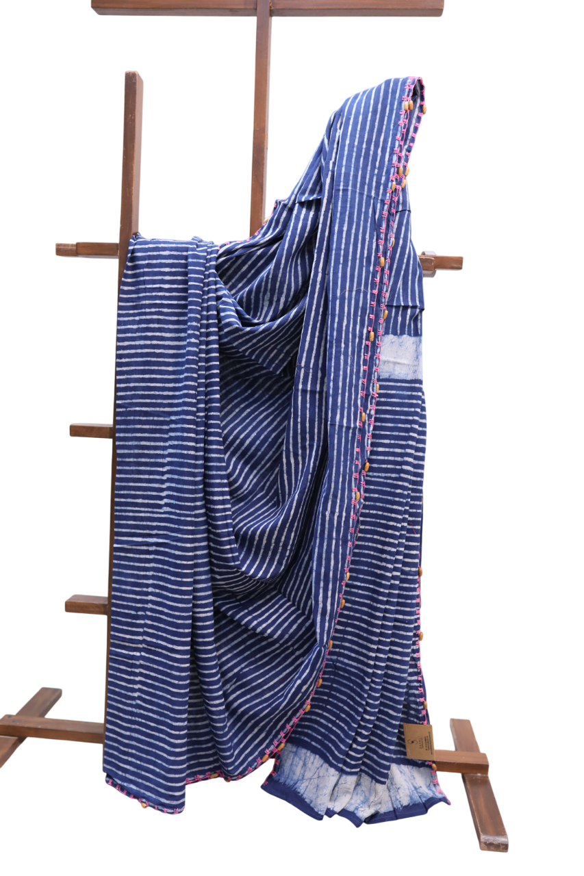 Indigo HBP Cotton Saree With Beads-SRICS195