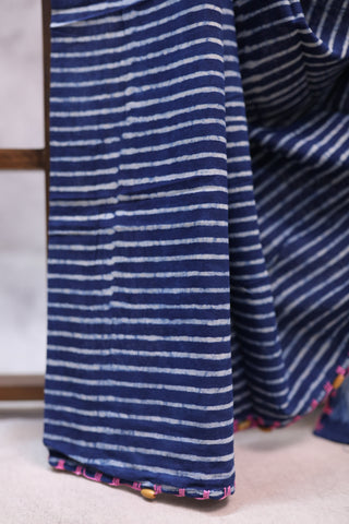 Indigo HBP Cotton Saree With Beads - SRICS195