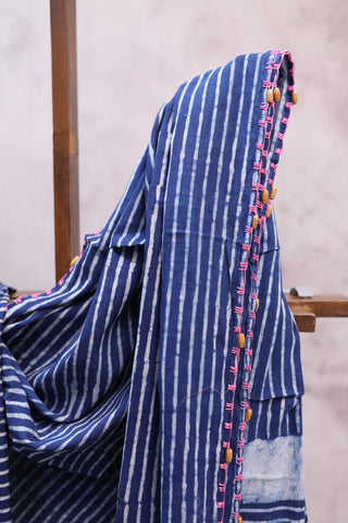 Indigo HBP Cotton Saree With Beads - SRICS195