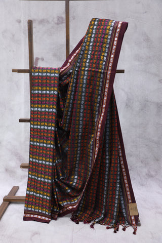 Black HathiMor Khun Saree With Maroon Border-SRBHMKS27EX