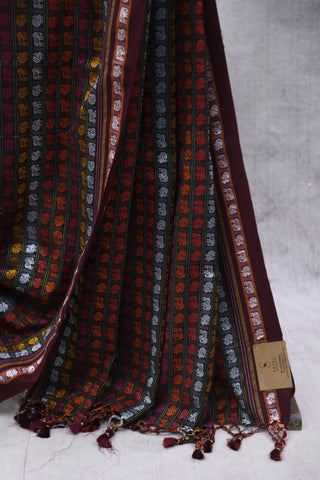 Black HathiMor Khun Saree With Maroon Border-SRBHMKS27EX