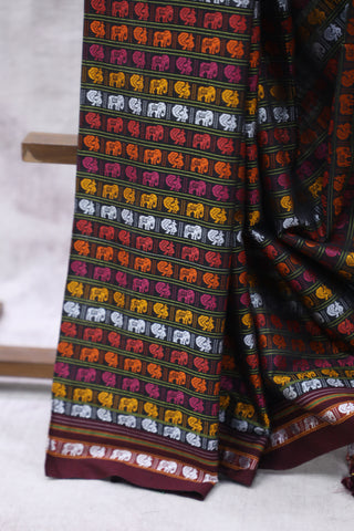 Black HathiMor Khun Saree With Maroon Border-SRBHMKS27EX