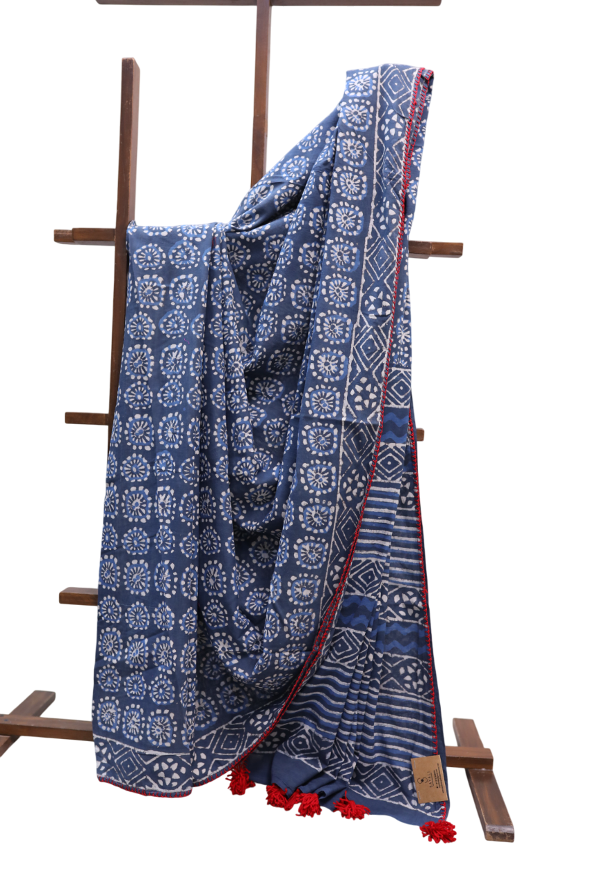 Indigo HBP Cotton Saree With Beads - SRICS194