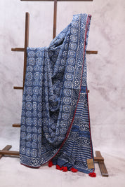 Indigo HBP Cotton Saree With Beads - SRICS194
