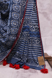 Indigo HBP Cotton Saree With Beads - SRICS194