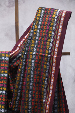 Black HathiMor Khun Saree With Maroon Border-SRBHMKS27EX