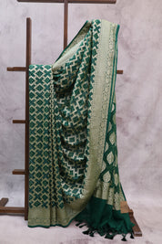 Dark Green Bandhani Georgette Banarasi Silk Saree - SRDGBGBSS424