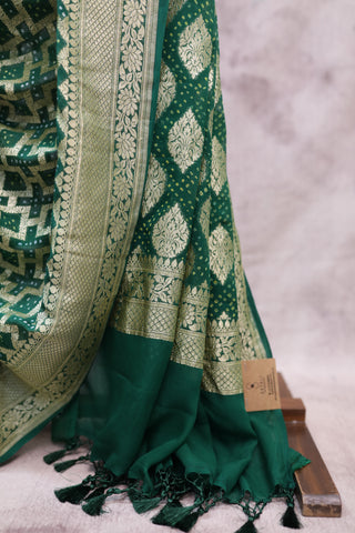 Dark Green Bandhani Georgette Banarasi Silk Saree - SRDGBGBSS424