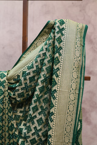 Dark Green Bandhani Georgette Banarasi Silk Saree - SRDGBGBSS424