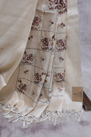 Beige Brown  Embroidered Tussar Silk Saree-SRBBTSS26EX