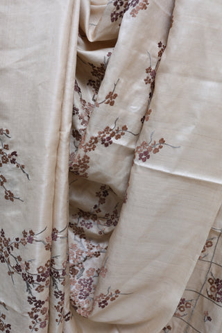 Beige-Brown Machine Embroidered Tussar Silk Saree-SRBBMETSS719