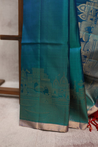 Peacock Green Soft Silk Saree With Ganga Ghat Weaving Design - SRPGSSS182