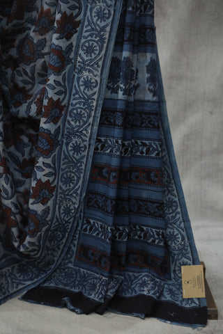 Blue-Grey HBP Cotton Saree - SRBGCS1768