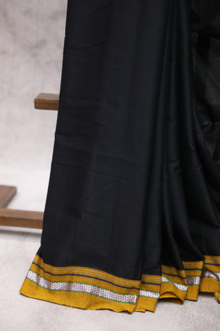 Black Plain Khun Saree With Khaki Border-SRBPKS187