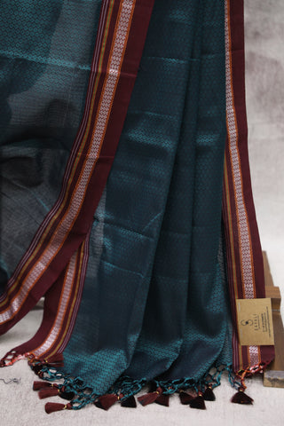 Green Plain Khun Saree With Maroon Border-SRGPKS191