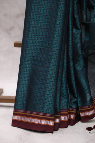 Green Plain Khun Saree With Maroon Border-SRGPKS191