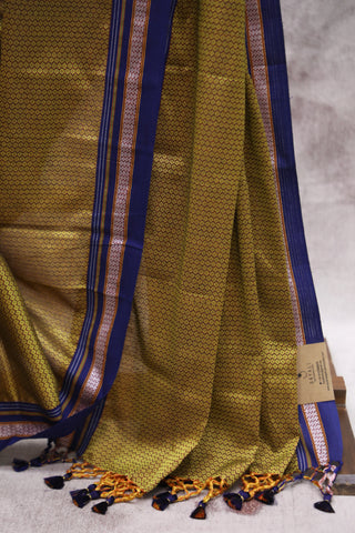 Yellow Plain Khun Saree With Blue Border-SRYPKS211