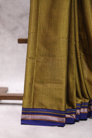 Yellow Plain Khun Saree With Blue Border-SRYPKS211