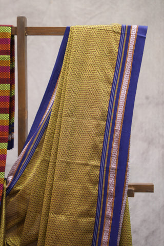 Yellow Plain Khun Saree With Blue Border-SRYPKS211