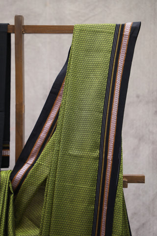 Green Plain Khun Saree With Black Border-SRGPKS205