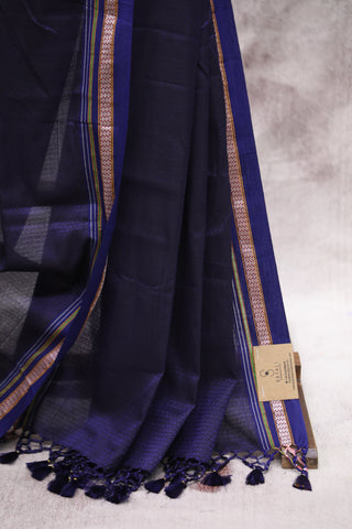 Purple Plain Khun Saree With Blue Border-SRPPKS153