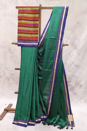 Green Plain Khun Saree With Border-SRGPKS175
