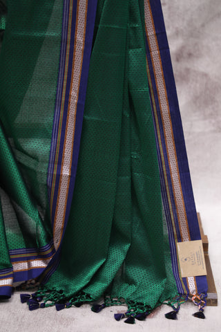 Green Plain Khun Saree With Blue Border-SRGPKS175