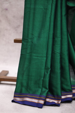 Green Plain Khun Saree With Blue Border-SRGPKS175