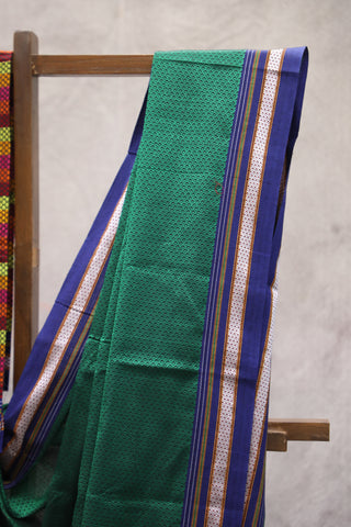 Green Plain Khun Saree With Blue Border-SRGPKS175