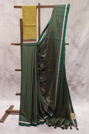 Green Plain Khun Saree With Green Border-SRBPKS164