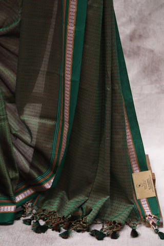 Green Plain Khun Saree With Green Border-SRBPKS164