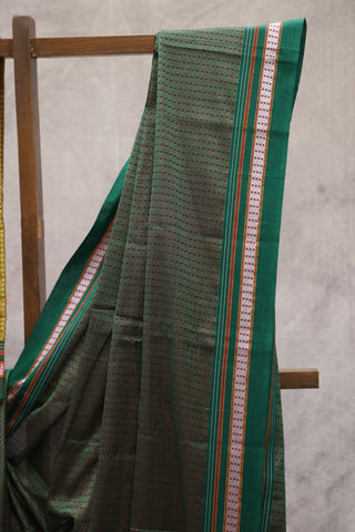 Green Plain Khun Saree With Green Border-SRBPKS164