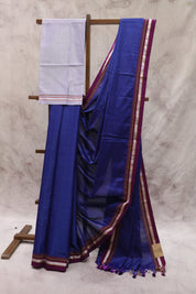 Blue Plain Khun Saree With Purple Border-SRBPKS176