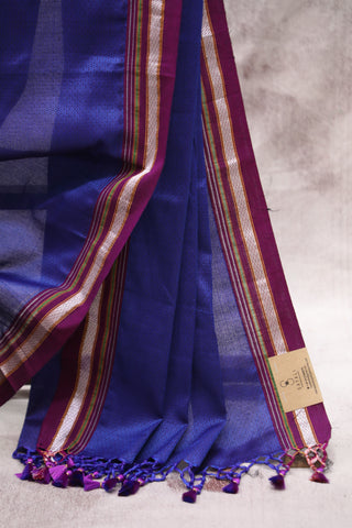 Blue Plain Khun Saree With Purple Border-SRBPKS176