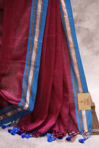 Pink Plain Khun Saree With Blue Border-SRPPKS180