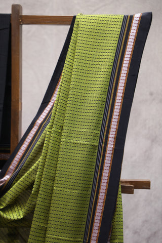 Green Plain Khun Saree With Black Border-SRGPKS198