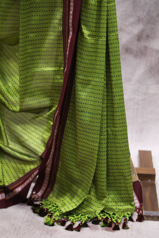 Green Plain Khun Saree With Maroon Border-SRGPKS170