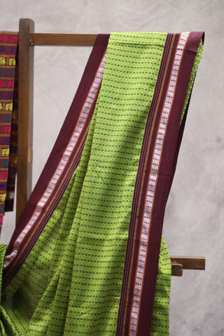 Green Plain Khun Saree With Maroon Border-SRGPKS170