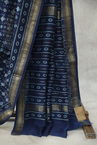 Indigo HBP Cotton Silk Chanderi Saree With Maheshwari Border - SRICSCS613